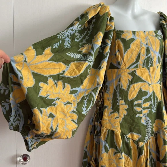 FARM RIO Foliage Sketch Green LongSleeve Linen MiniDress Tropical Lace-Up XL NWT - Picture 11 of 16